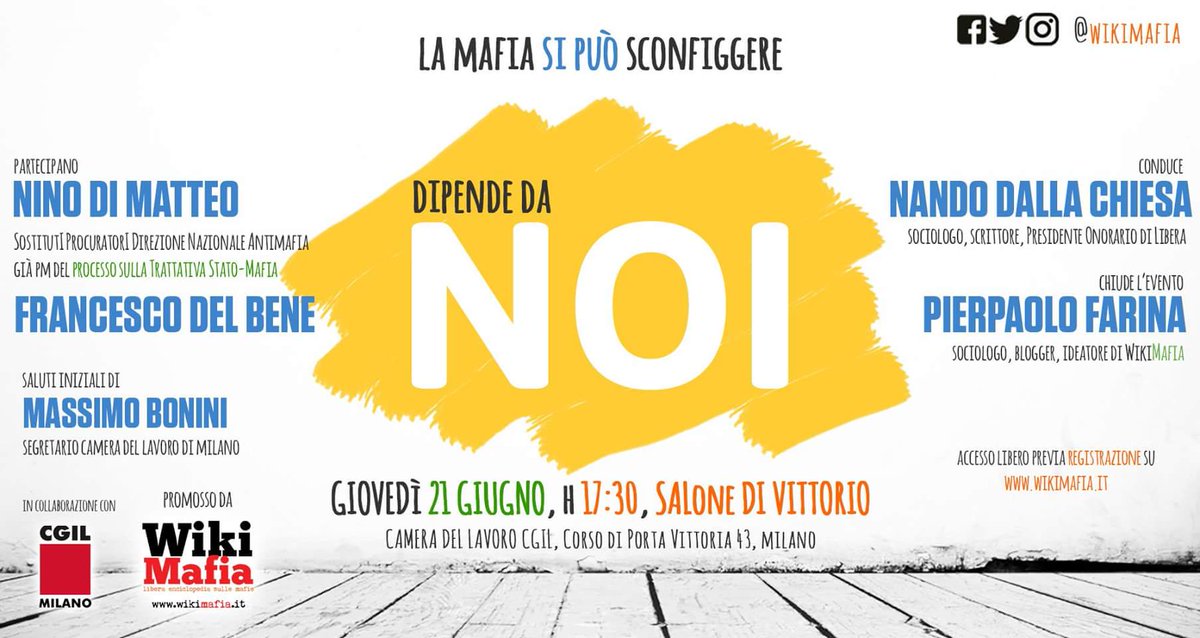 WikiMafia's tweet photo. Giovedì #21giugno chiudiamo il nostro ciclo di eventi con #DiMatteo, #DelBene e #dallaChiesa! POSTI LIMITATI! Info: https://t.co/jMYoMoG9fF
#2giugno #DipendedaNOI #mafia #antimafia #Milano https://t.co/7hprVm2obE