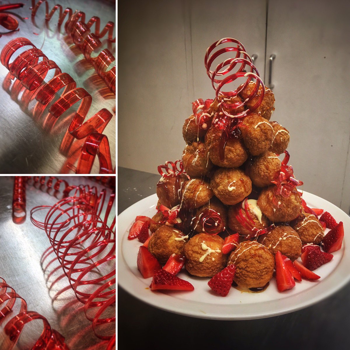 Pulling sugar is one of my favourite things 🍓strawberry and white chocolate choux au craquelin tower, for one of our regular guest's celebration centre piece #calcot #theconservatory #croquembouche #pulledsugar #sugarwork #sweetthings #yummy #baking