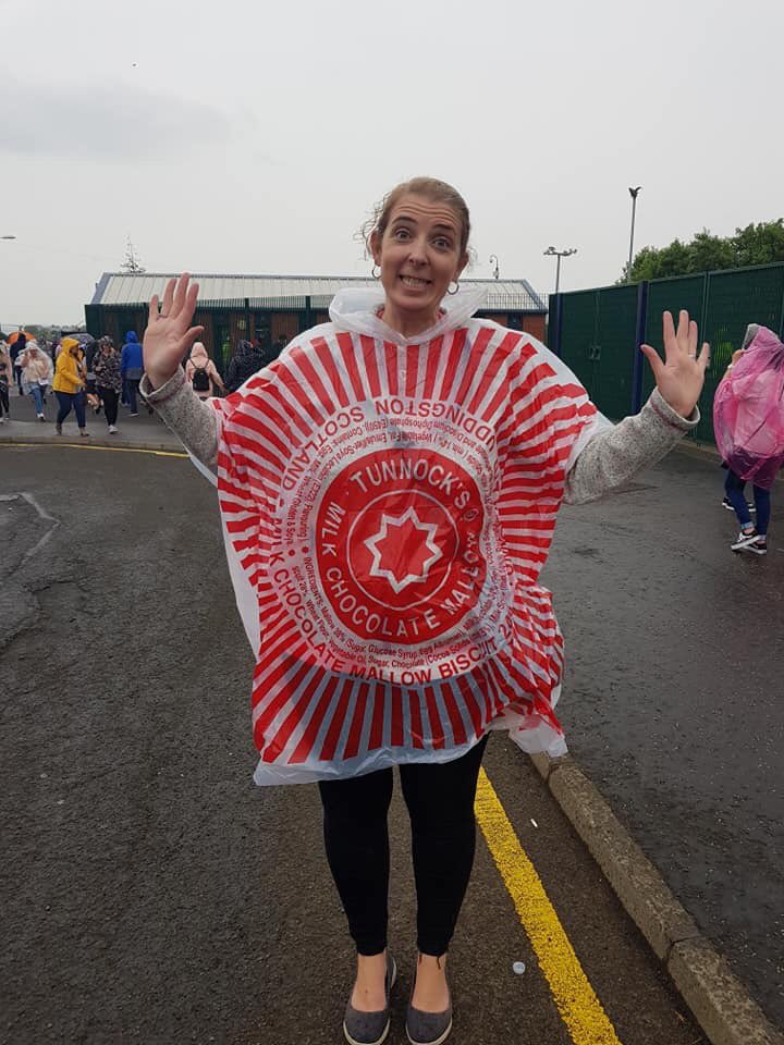 ElleT5's tweet photo. @tunnocksuk trying to win best poncho at Ed Sheeran at Hampden tonight...... https://t.co/KghzGPCJVY