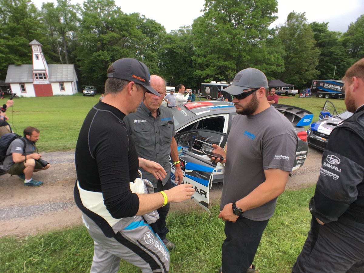 subarums_usa's tweet photo. #ServiceB: Both drivers aren't too confident w the car setups and #75Subaru and #55Subaru are understeering on the corner entires. Minor fine-tunings needed at the service. @ChrisAtko is cruising along and not taking any risks in the morning stages. #STPR18 #ARARally https://t.co/8yXTC3zuT1