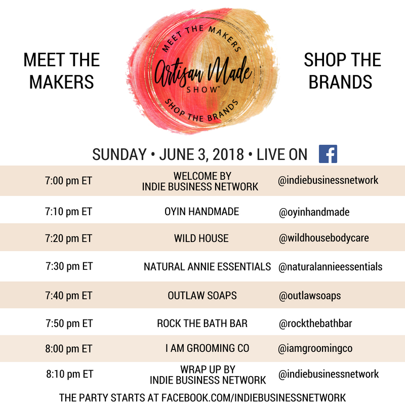 indiebusiness's tweet photo. Shop the Artisan Made Show LIVE! Sunday, June 3 at 7pm ET at our Facebook page at https://t.co/4OywmQXsVl https://t.co/SVYE1WqRA5 Featured artisans: @oyinhandmade @outlawsoaps @iamgroomingco @rockthebathbar @wildhousebodycare Natural Annie Essentials #artisanmadeshow https://t.co/r9kLNTvUAw