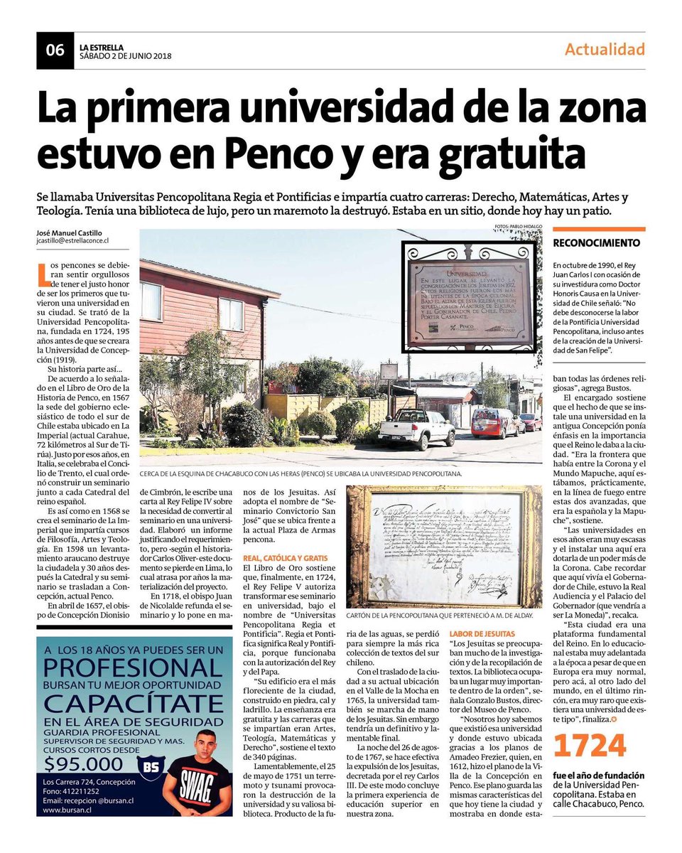 VictorHugoPenco's tweet photo. La primera universidad del país existió en PENCO y era gratuita . Hace 300 años . Les comparto esta nota que viene hoy en el diario La Estrella https://t.co/rkr5zWCjLj
