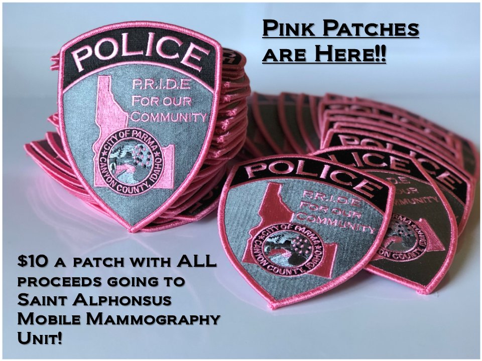 PoliceParma's tweet photo. So excited to have these Parma PD patches! All proceeds going to St. @SaintAlsHealth Mobile Mammography Unit! #FirstinIdaho @PinkPatchPrjct #cuffcancer #pinkpatches #ComeAndGetThem https://t.co/ITkTV0u3VO
