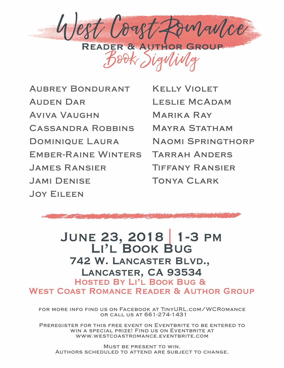 So Cal FREE book signing on June 23rd! <a href="/AubreyBondurant/">Aubrey Bondurant</a> @AvivaVaughn <a href="/CassFayeRobbins/">Cassandra Robbins</a> <a href="/domlaurawrites/">Dominique Laura</a> <a href="/ember_winters/">Ember Raine Winters</a> <a href="/JamiDeise/">Jami Denison</a> @tiffaninicolecox <a href="/KViolet_Author/">Kelly Violet</a> <a href="/AuthorTonyaC/">Tonya Clark</a> <a href="/LeslieMcAdam/">Leslie McAdam 🏳️‍🌈 Oblivious out now!</a> <a href="/MarikaRay/">Marika</a> <a href="/heyitsmejoy/">Joy</a> <a href="/mayrastatham/">mayra statham</a> <a href="/TarrahAnders/">Tarrah Anders</a> @authorjransier