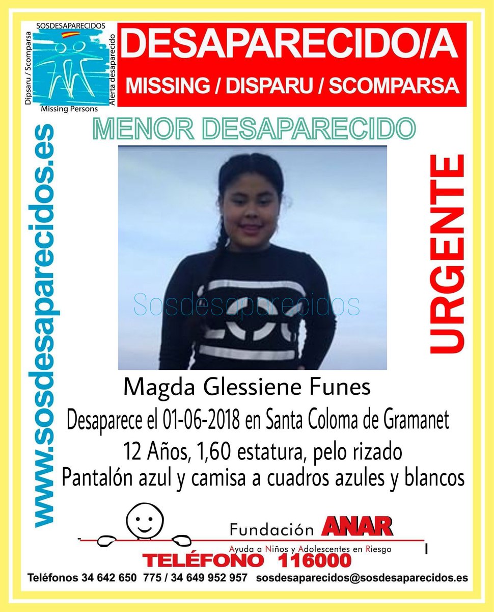 🆘#MUYURGENTE ⚠️
Esta es Magda, una #menor que ha #desaparecido en Santa Coloma de Gramenet #Barcelona
Si la ves llámanos 
☎062
☎112
Colabora, tu RT no cuesta nada y es muy importante