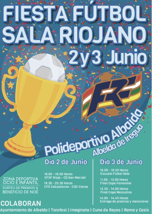 Mañana domingo 3 de junio, a las 11 horas, en el Polideportivo Municipal de Albelda de Iregua, se disputará la Final de la Copa de La Rioja de Fútbol Sala Femenino, entre <a href="/FSFRioja/">FSF Rioja</a> contra <a href="/salacalceatense/">F.S.CALCEATENSE</a>