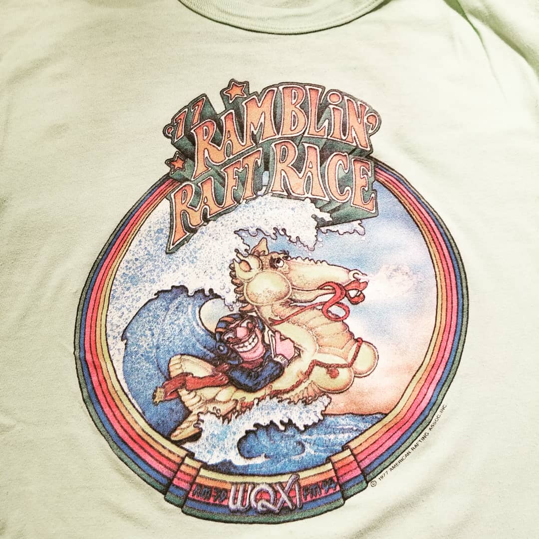 DigiDudeNate's tweet photo. Holy shit look at this awesome score from atlanta_vintage's subscription service. I get a monthly box of ATL vintage finds. First one came with a 1977 Ramblin' Raft Race t-shirt from the legendary WQXI station. Great finds! #ShootTheHooch #RamblinRaft https://t.co/EosFldW7Ap
