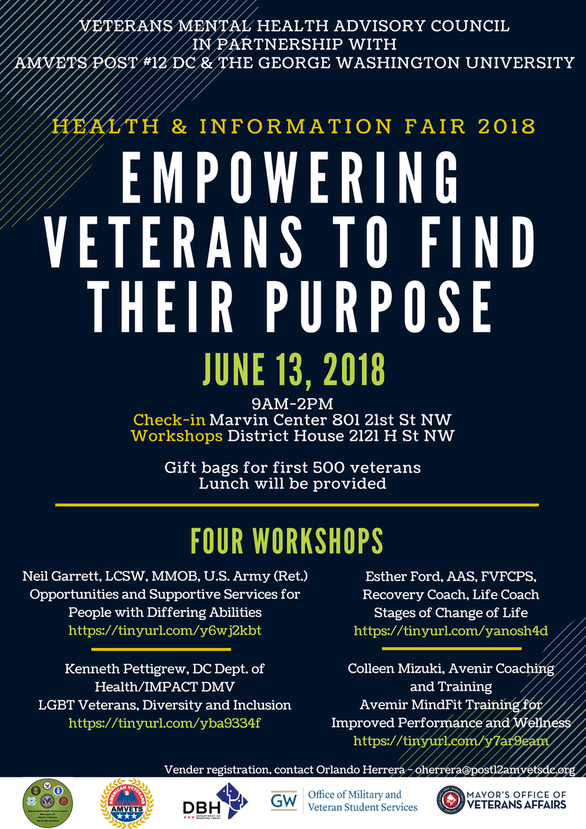 Join <a href="/post12amvetsdc/">Post 12 AMVETS-DC</a> and <a href="/GWVetServe/">GW Mil&Vet Services</a> as we Present the Health and Info Fair 2018, Empowering Veterans to Find Their Purpose on June 13, 2018 from 9am-2pm EDT at <a href="/GWtweets/">GW University</a> for workshops, networking, and health info crucial to serving our veterans. #Post12AMVETSDC #AMVETS