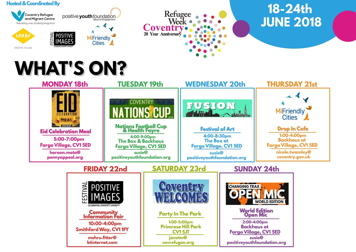 maokwo's tweet photo. A week long of events #RefugeeWeek #Coventry. 18th to 24 June,  @FargoVillage - hosted by @pennyappeal @positiveyouth96 @CRMCCov 
#RefugeeWeek2018 #ThisIsCoventry #20acts #celebrate #CovHour #allhuman #strongertogether https://t.co/yEpVN8T8yT