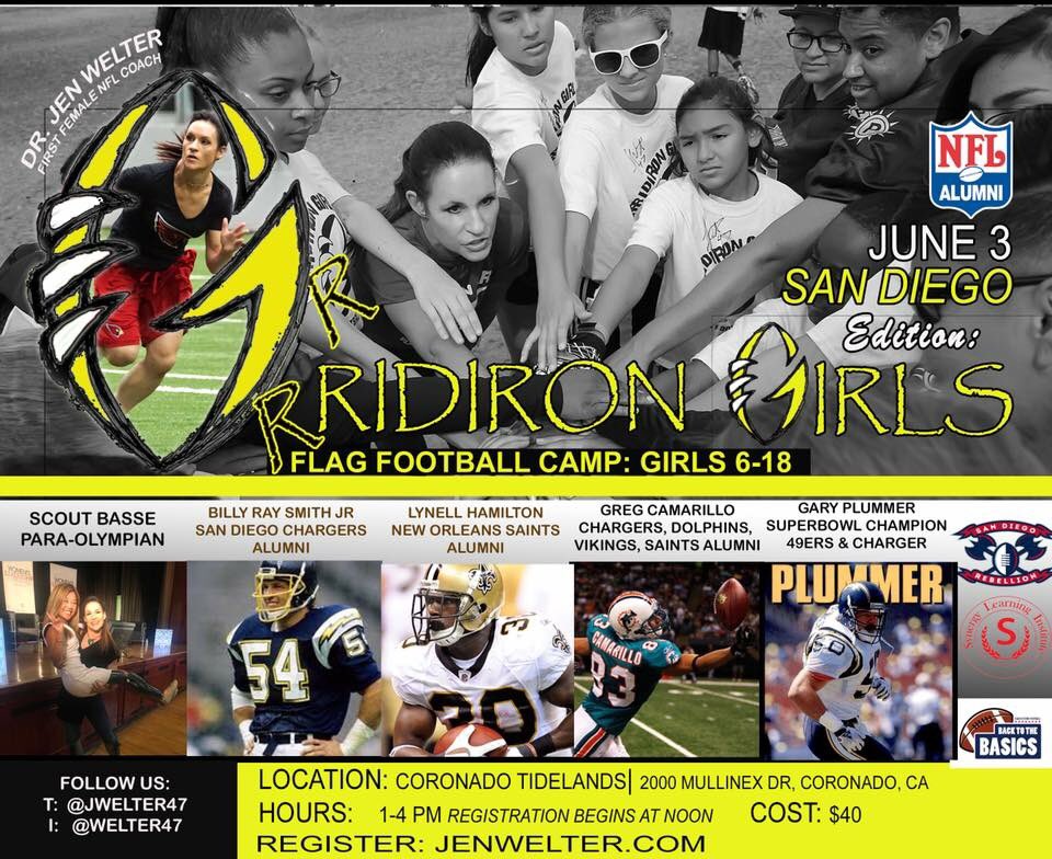 Hey #SanDiego tomorrow it's your chance to be a part of our <a href="/jwelter47/">Dr. Jen Welter</a>'s own #GrridironGirls Football camp for GIRLS! 6/3 in #Coronado w/ special guest <a href="/LynellHamilton/">Lynell Hamilton</a> <a href="/Billyraysmith/">Billy Ray Smith</a> <a href="/catchcamarillo/">Greg Camarillo</a> <a href="/ScoutBassett/">Scout Bassett</a> &amp; <a href="/sfhitman50/">Gary Plummer</a> Register at JenWelter.com #SanDiegoNews