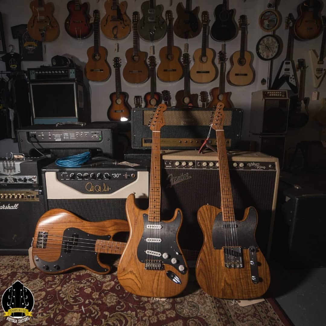 Double tap if you love #fenders Roasted ash finish ☝️#fenderbass #fendertele #stratpride #imperialvintageguitars #stratocaster #rockstarguitar 📸@lifelocallyabroad@imperial_vintage