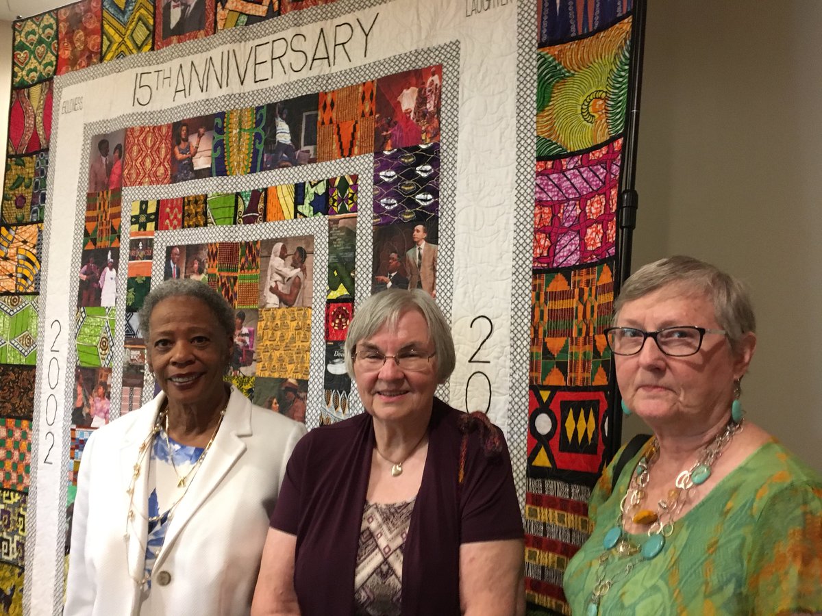 BestAtlConcerts's tweet photo. PHOTO: The official @kltruecolors Theatre 15th Anniversary Quilt on display at the Inaugural True Colors Ovation Circle Awards Brunch. These 3 young ladies designed and created the quilt in 5 months. Includes photos of past productions. #BoacTrueColors #BoacTheatre https://t.co/Jvv7NnTMKW