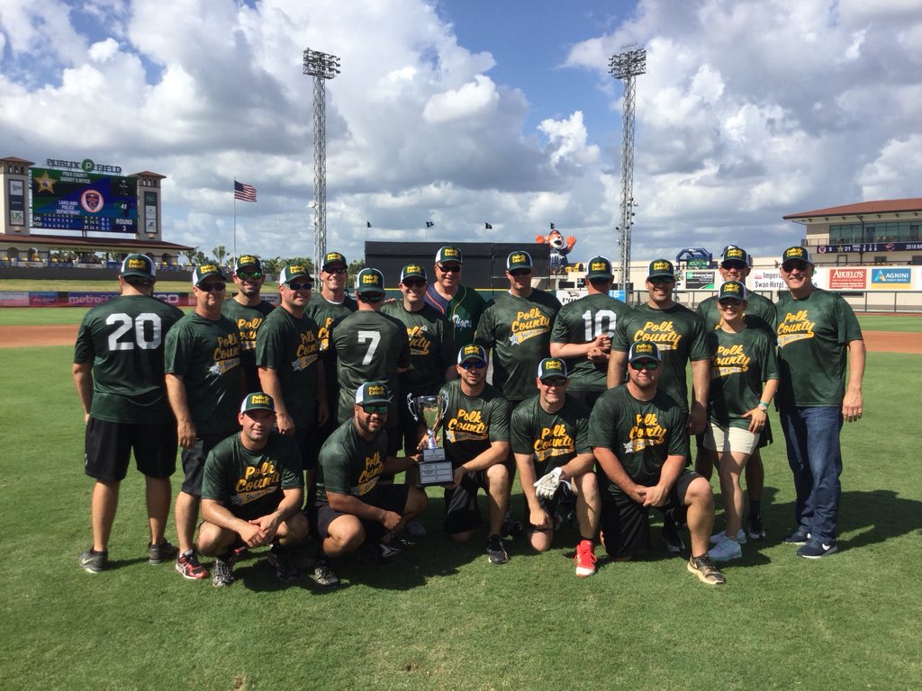 PolkCoSheriff's tweet photo. And thatโs the ball game! We won 21-5! Thank you @LakelandPD for the sportsmanship and thank you Lakeland Flying Tigers! Weโll see yโall next year at #BattleOfTheBadges IV - where we WILL KEEP THE TROPHY! #TeamPCSO
#GreenTeam
#BattleOfTheBadges
#BOTB3 https://t.co/o9WzrM7cq3