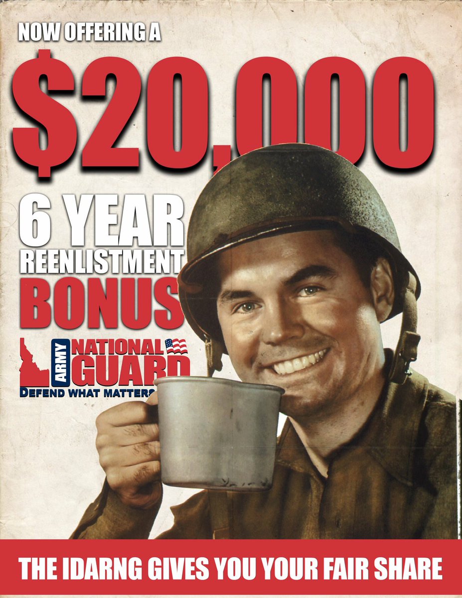 IDArmyNationalG's tweet photo. ATTENTION Current IDARNG Members! The Idaho Army National Guard is now offering a $20,000, 6 year REENLISTMENT option to qualified members! Contact your Retention NCO or the Incentives Manager to see if you're eligible! #IDARNG #ExtendToDefend #20KtheEasyWay #REENLIST https://t.co/gxB5iOiKav
