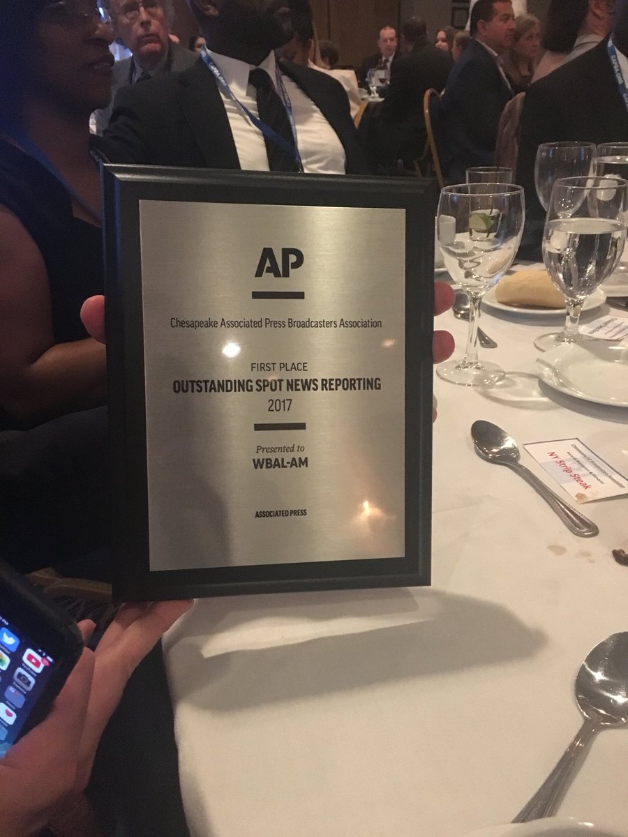 Reporterroblang's tweet photo. Big night for @wbalradio as we were honored with 2 AP Awards Spot News for our coverage of the death of Sean Suiter and best newscast. Congrats to the entire team @ScottWykoffWBAL @jeffwadewbal and I accepted awards #2018CAPBA https://t.co/yyIdZ5UUxI