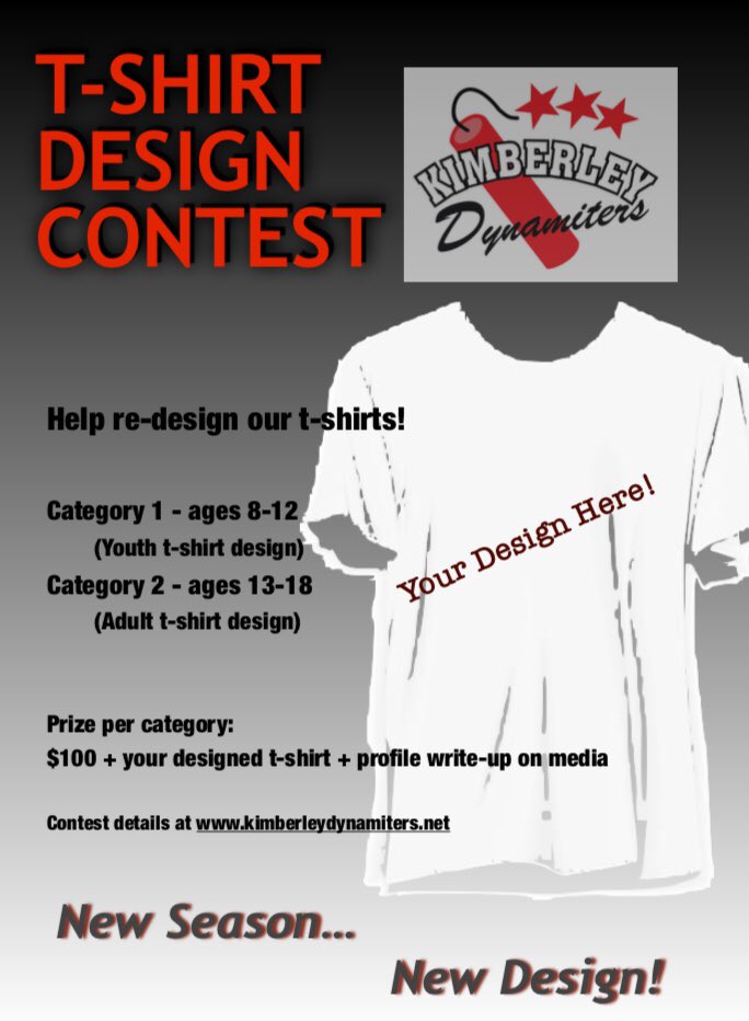 nitroshockey's tweet image. T-SHIRT DESIGN CONTEST

Kimberley Dynamiters are coming off of a championship season and what better way to celebrate the best fans in the league, than to ask our younger fans to help design new t-shirts.
Click link to check out prizes and rules!
contest.kimberleydynamiters.net