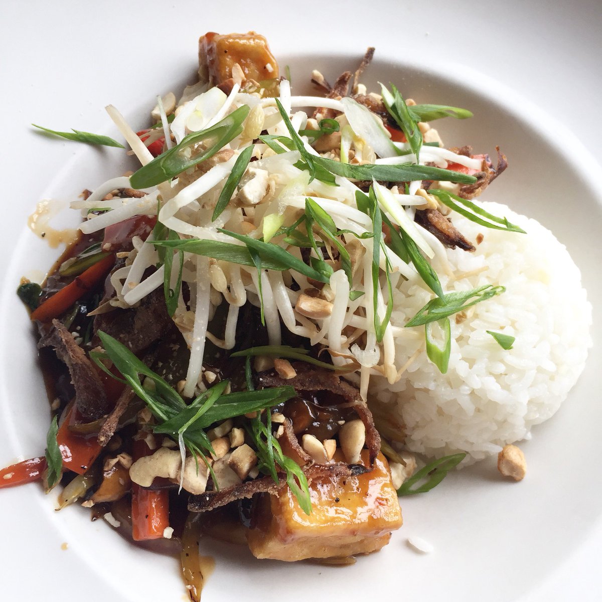 One our new dishes on the menu is our GINGER CHILI TOFU BOWL - crispy fried tofu with sautéed Asian veg in our house ginger chili sauce over rice. #yyj #yyjeats #yyjfood #yyjfoodie