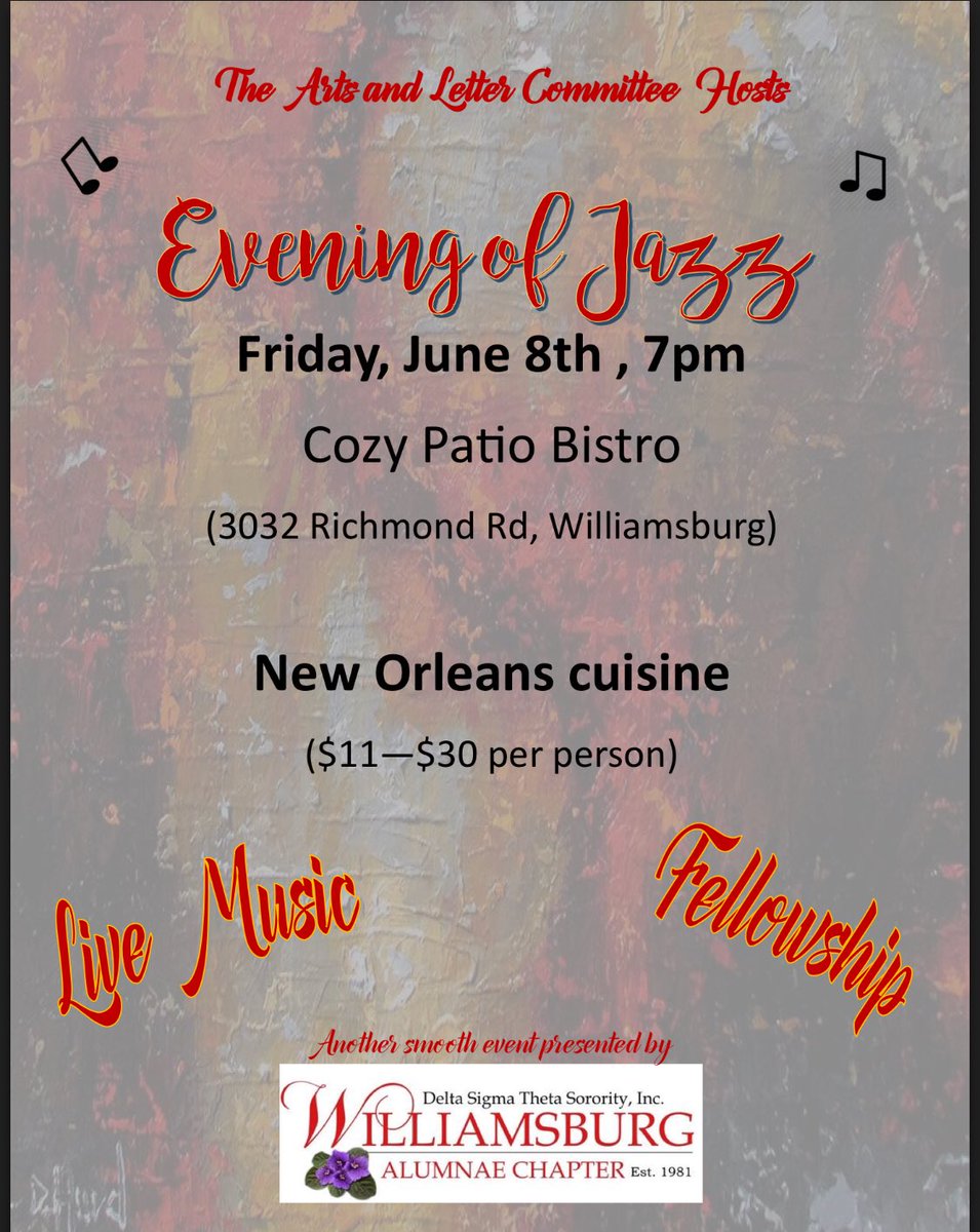 Mark your Calendars! Join our Arts &amp; Letters Committee for an Evening of Jazz at the Cozy Patio Bistro!
