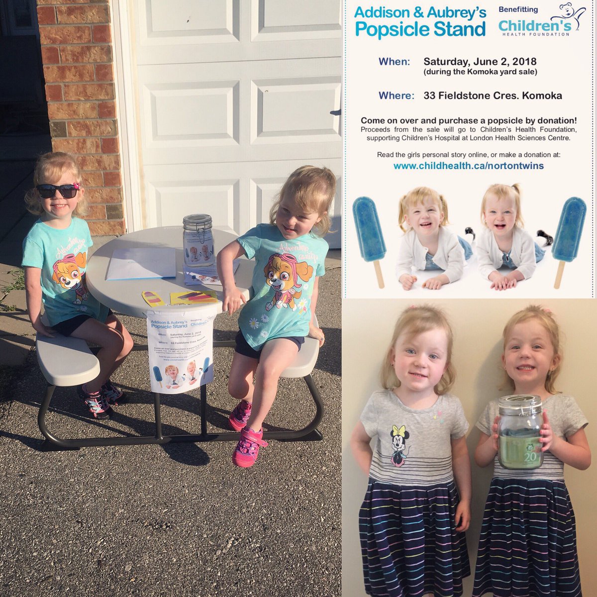Thank you to everyone that stopped by Addison and Aubrey’s Popsicle Stand! We raised a total of $640!!! for Children’s Health Foundation😍😍🤗
#chf #childrenshealthfoundation #fundraiser #lhsc #nicu #nicugrad #preemie #preemietwins #27weeker