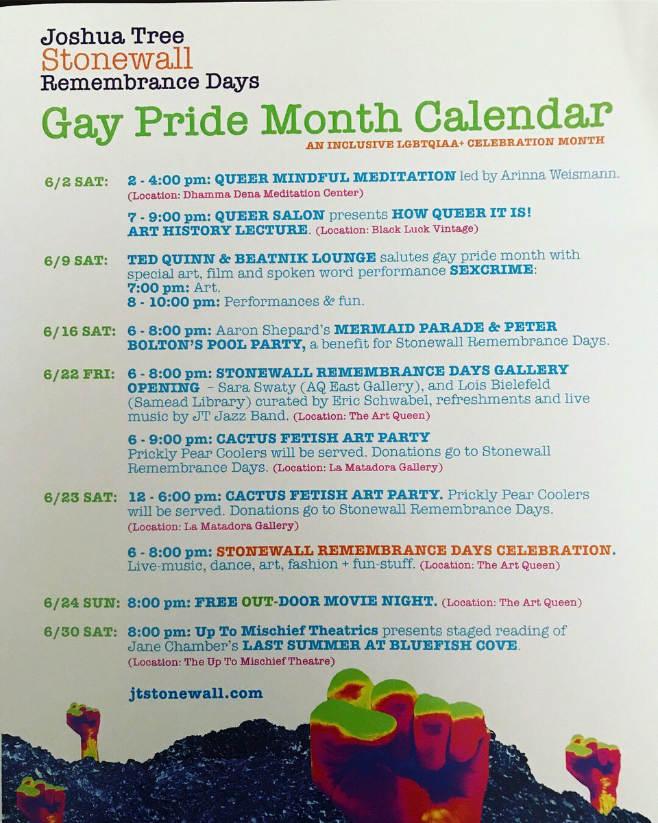 JTchamber's tweet photo. Starts today!!! Gay Pride Month, here's the calendar of events! 💜🌈❤️ #joshuatree #jtree #socal #california #pride #lgbt #love #life #desertlife https://t.co/0JUHf8Y2pB