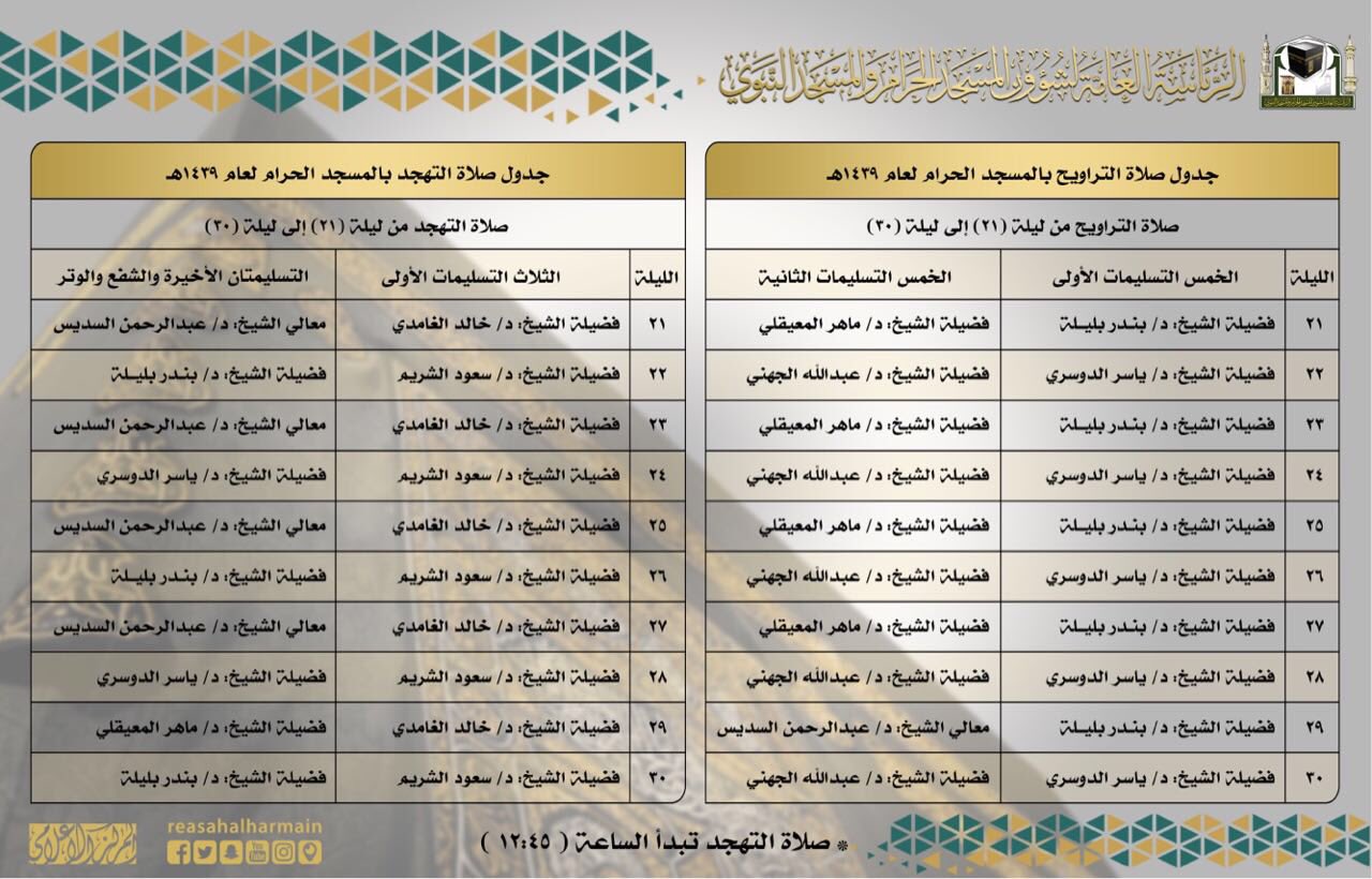 جدول صلاة التراويح