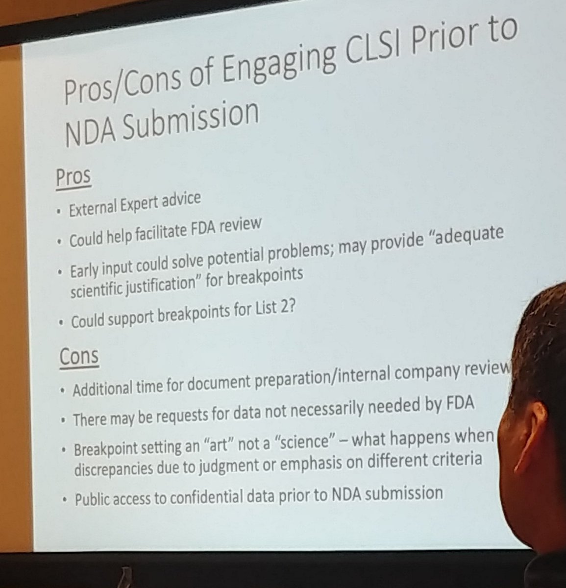 TheIDApprentice's tweet photo. Pros/cons for pharma in engaging CLSI prior to the agency for NDA submission. BP setting is an art not a science #CLSIMeets https://t.co/veK8pYzGU0