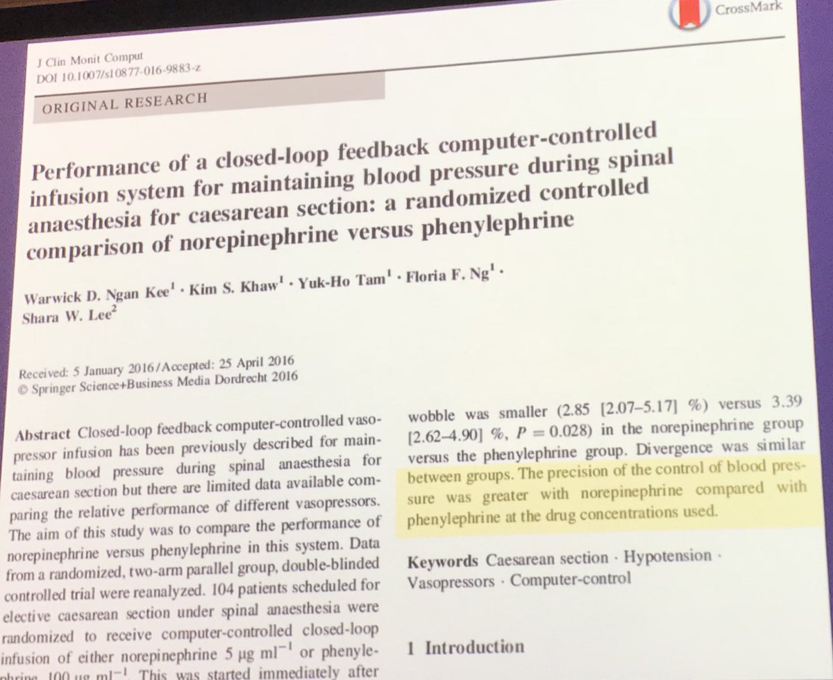 ruthi_landau's tweet photo. #EA18 Frederic Mercier on phenylephrine vs norepinephrine for spinal hypotension prevention
↔️ because of rapid onset &amp; offset of norepinephrine it might be a better choice to prevent overshoot hypertension, particularly if used with closed-loop system 
https://t.co/KAJ1pYZCu8 https://t.co/DW3IMUMPxO