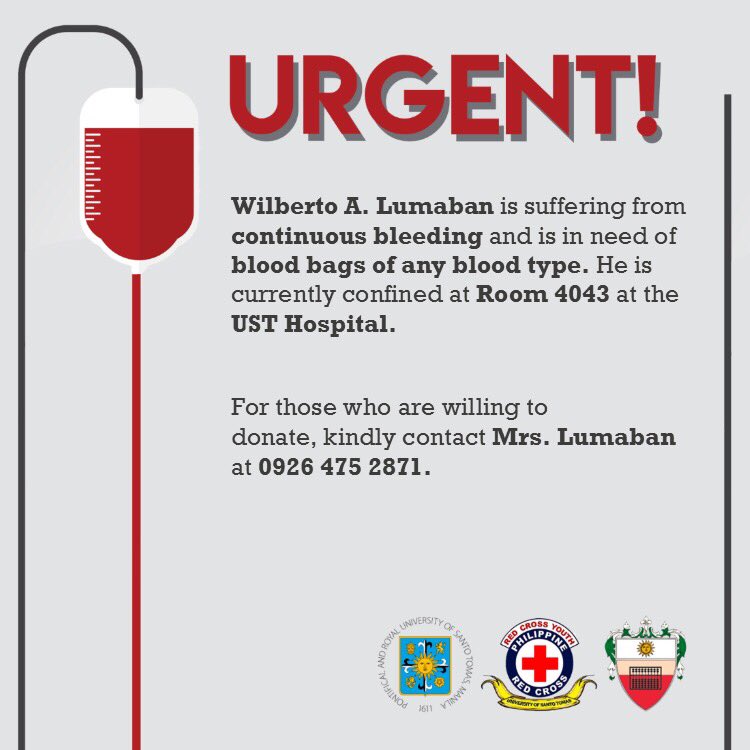 USTRCYC_AMV's tweet photo. URGENT!
Wilberto A. Lumaban is in need of blood bags of any blood type.
Donate blood. Save lives. Be a hero!
#RCYCares
#OneAMVOneRCYC https://t.co/t4YZpLhrHB