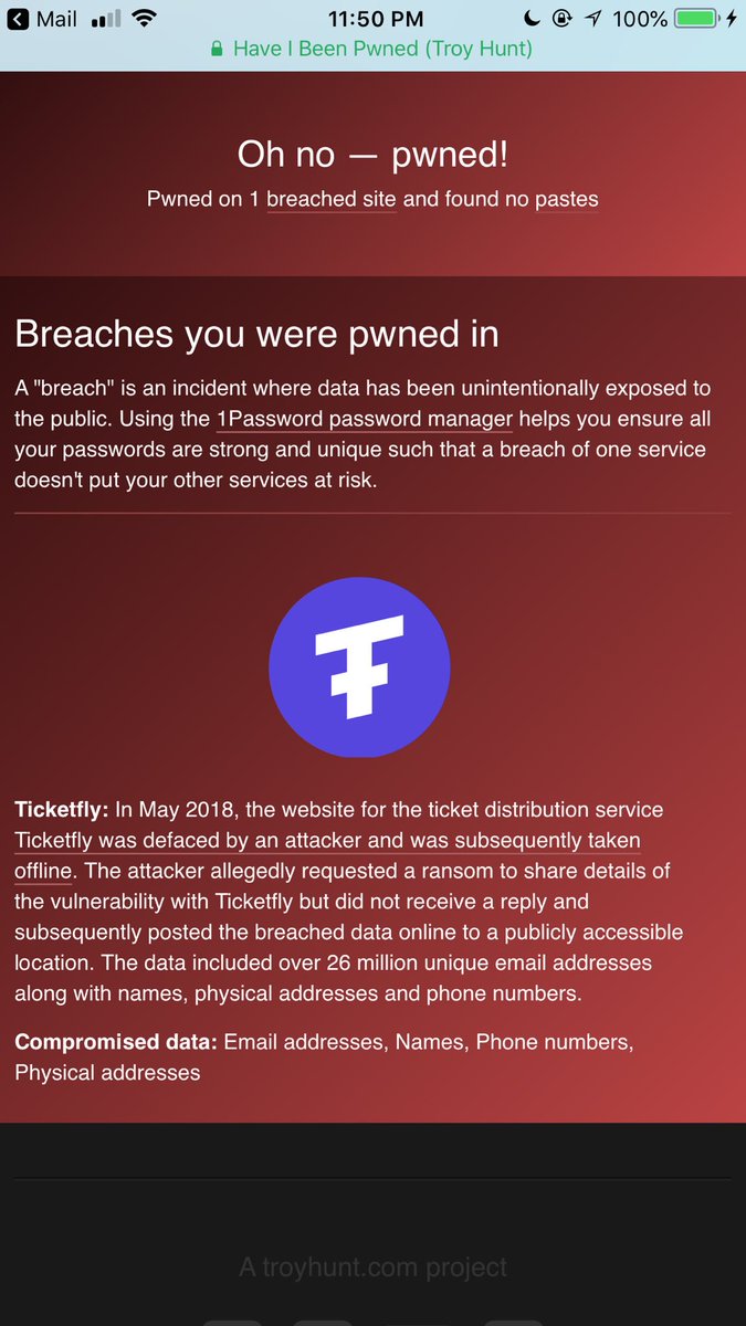 skelskell's tweet photo. @ticketfly the first I’m hearing of your data breach is from a 3rd party. What are you recommendations please? This is a big deal... https://t.co/d0sifrjosz