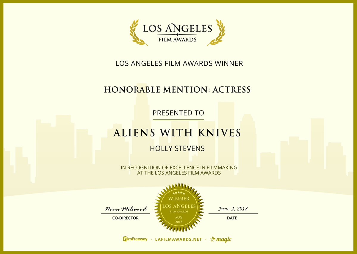 paulkimballfilm's tweet photo. Very proud to announce that Aliens With Knives has won Best Comedy at the @lafilmawards, and Holly Stevens has been awarded an Honorable Mention as Actress. Congrats to the entire cast and crew! Thanks to @Eastlink and @NSBI for their support of the #Cinema902 series. #indiefilm https://t.co/kdpRg9a1iO