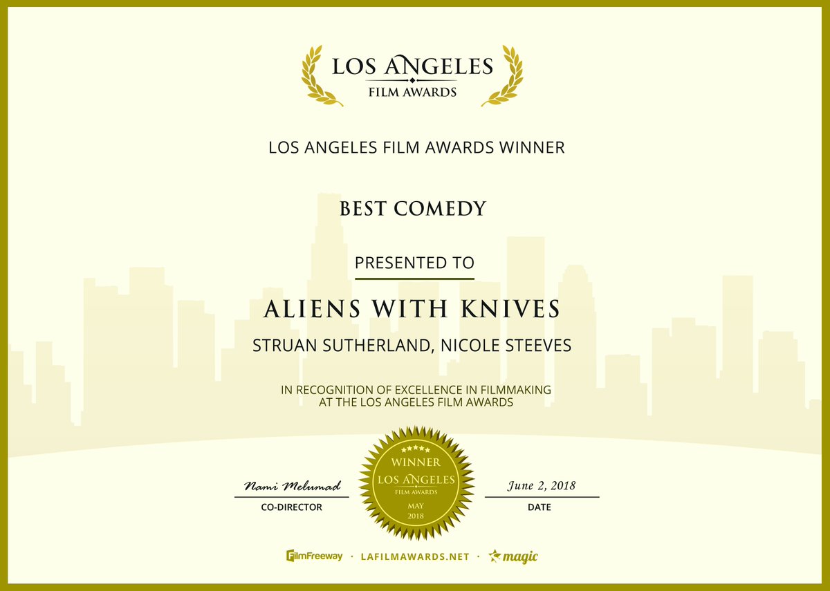 paulkimballfilm's tweet photo. Very proud to announce that Aliens With Knives has won Best Comedy at the @lafilmawards, and Holly Stevens has been awarded an Honorable Mention as Actress. Congrats to the entire cast and crew! Thanks to @Eastlink and @NSBI for their support of the #Cinema902 series. #indiefilm https://t.co/kdpRg9a1iO