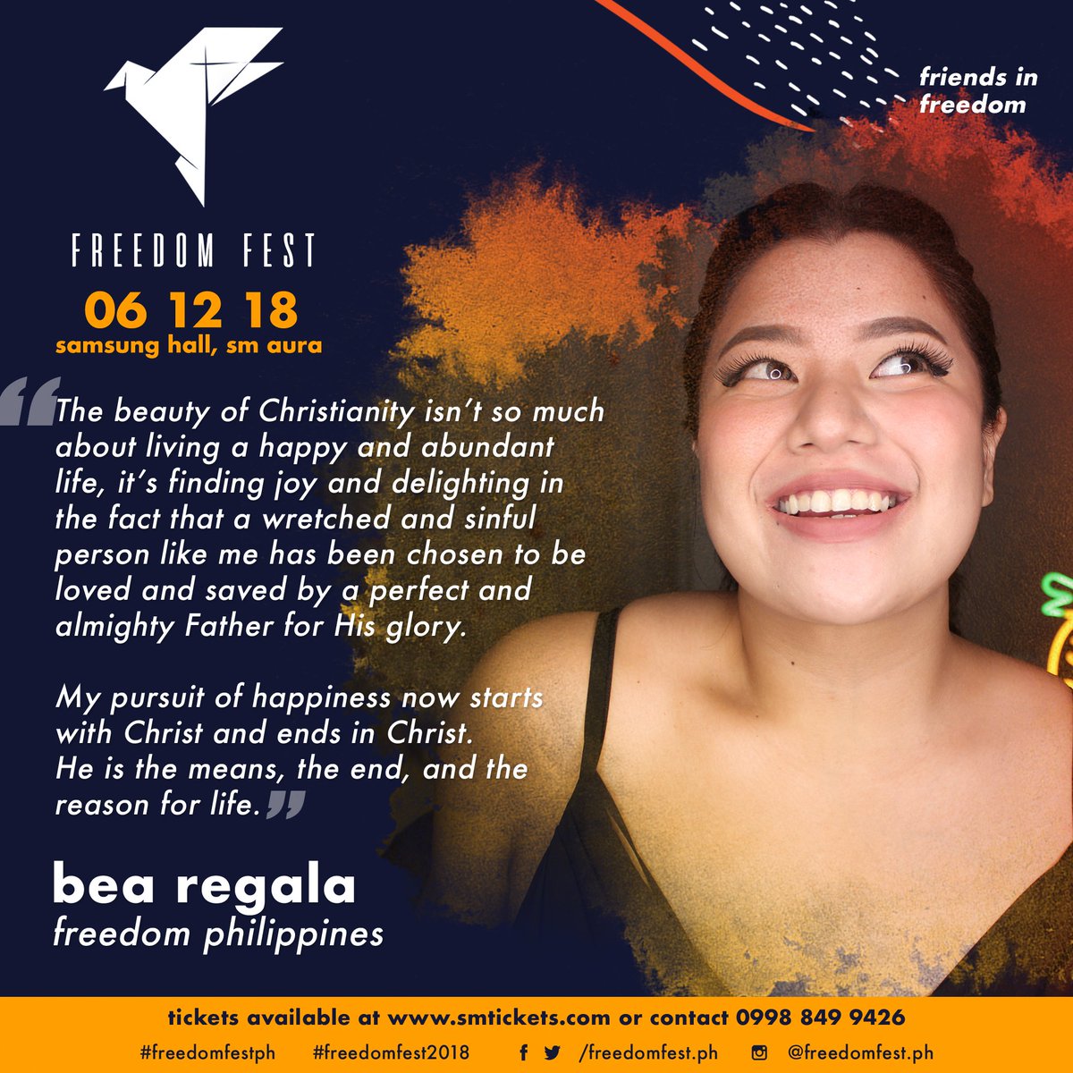 BeaRegala's tweet photo. My pursuit of happiness changed when He finally made me realize that the source of happiness and happiness itself is Christ alone. Joyful to be part of this ministry. Thank You, Lord for @freedomfestph 😊 #FreedomFestPH #FreedomFest2018 https://t.co/YGrHRvZIEC