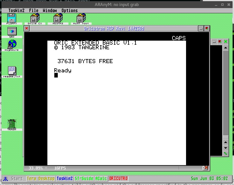 mmu_man's tweet photo. #Oricutron (#ORIC #emulator) running on #MiNT in #ARAnyM (#Atari Falcon virtual machine)
(Yes I know I was supposed to sleep…)
#porting #oldschool #demoscene #VIP2018 cc @popsyteam @_Adoru_ https://t.co/ruFhNMLw68