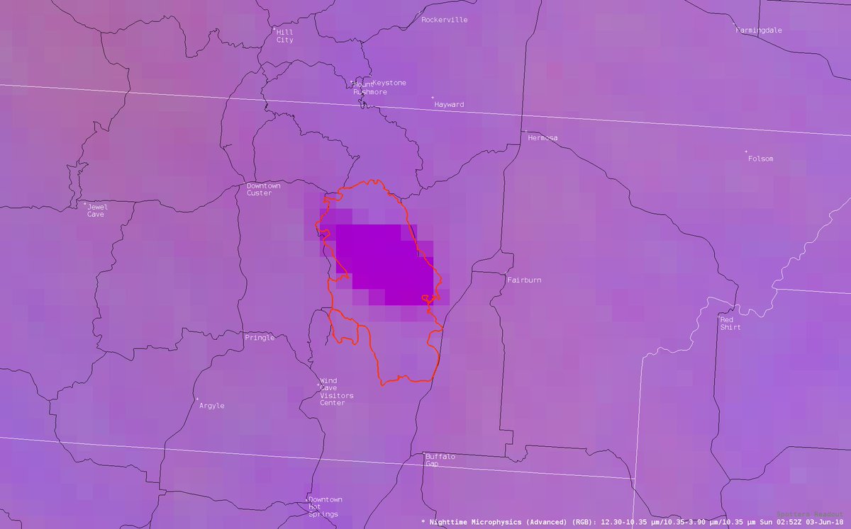 NWSRapidCity's tweet photo. Infrared imagery from #GOESEast detecting the heat from pile burns today in @CusterStatePark. The red outline is the burn scar from the #LegionLakeFire https://t.co/xWcKmfZrCe