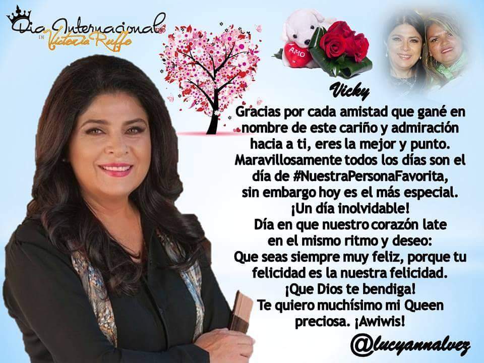 lucyannalvez's tweet photo. @VickyRuffoWeb Un dia maravilhoso a tod@s 🎈💝🎁🥂 É #diainternacionaldevictoriaruffo 👑👏👏👏 Arriba #LaQueen 🙏  #DIVR2018 ¡Awiwis! 💞💝💖 ¡Feliz Sábado! 👄👄👄 @victoriaruffo31 https://t.co/iEugVkcstW
