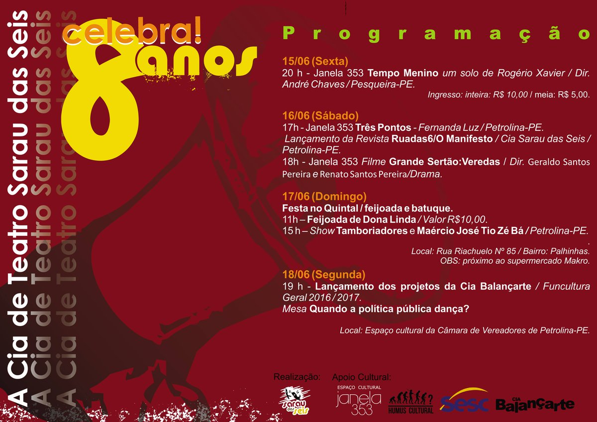 saraudasseis's tweet photo. Saiu a Programação completa da celebração de oito anos da Cia @saraudasseis https://t.co/sPVjHOoRmZ