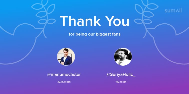 SmartSuryaArav1's tweet photo. Our biggest fans this week: @manumechster, @SuriyaHolic_. Thank you! via https://t.co/zRrK6lN6il https://t.co/B5B5bBD2nS