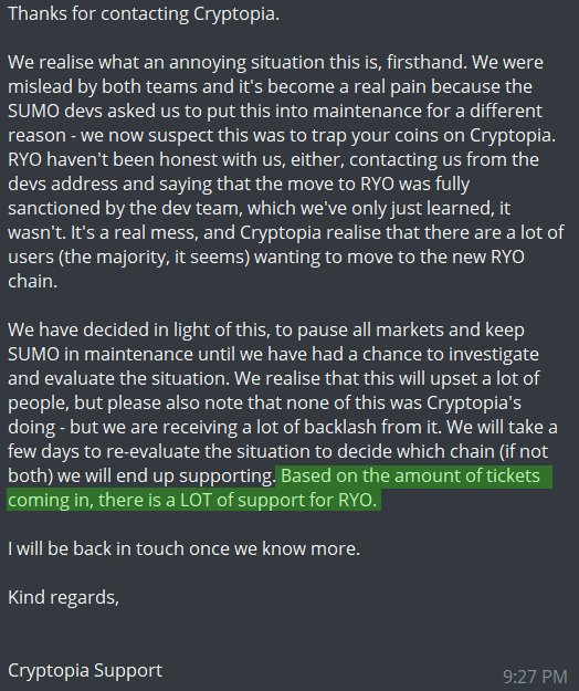 RyocurrencyO's tweet photo. #RyoCurrency with @Cryptopia_NZ update regarding the rash decision of $SUMO Origin to hardfork back to ASICs.
The $RYO team is doing all within our power to assist the bulk of the former #Sumokoin community who support our honest and transparent interactions with them. ✌️ https://t.co/MDffPBqYvX