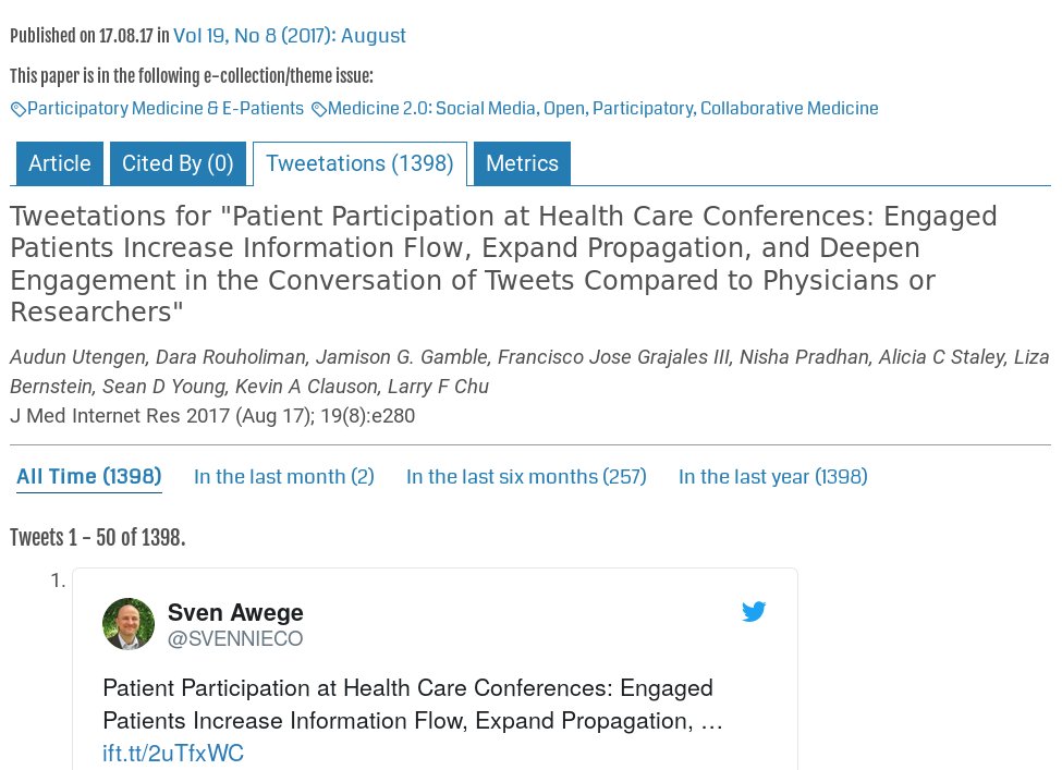 MedecineLibre's tweet photo. This study was published in @jmirpub (Journal of Medical Internet Research) which includes a new metrics for its articles: "tweetations" or the number of times an article was quoted on @Twitter. #Tweetation https://t.co/a6oXbnJbF2