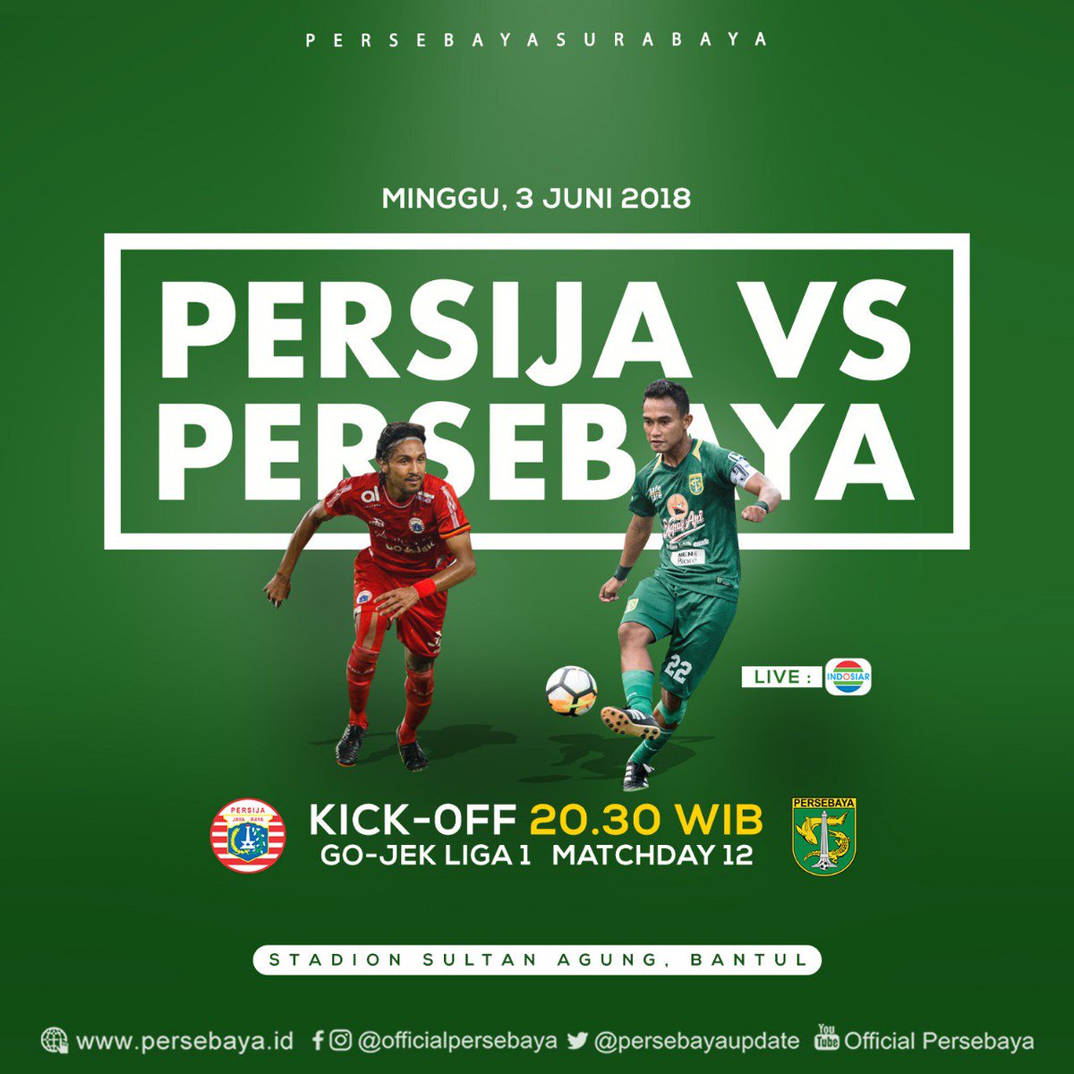 persebayaupdate's tweet photo. Yang puasa, doakan Persebaya memetik poin maksimal hari ini
Begitu juga yang ibadah Hari Minggu, nyuwun dungone ya 🐊👊🏽💪🏽🔥

⚽ Persija vs Persebaya
📆 Minggu, 3 Juni 2018
🏟️ Stadion Sultan Agung, Bantul
⌚ 20.30 WIB
📺 Indosiar

#PersebayaDay #KitaPersebaya https://t.co/DAjEHNi1Uq