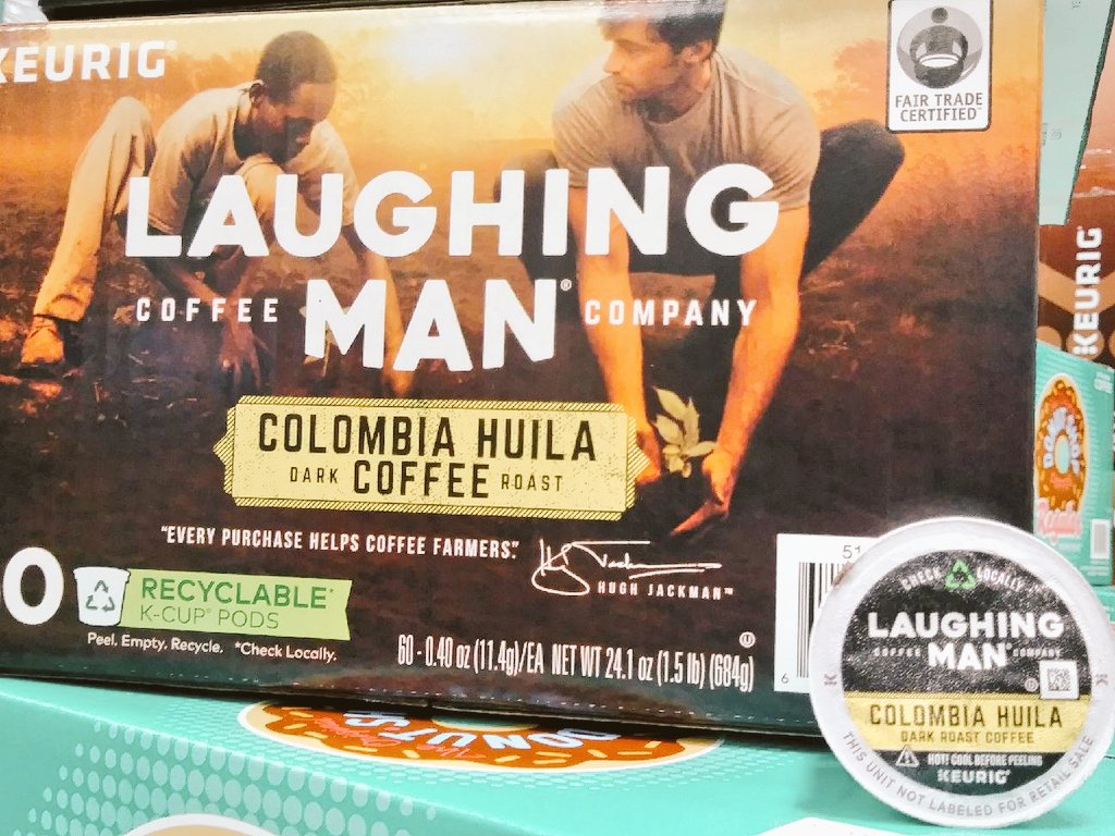 RAMEKEGA's tweet photo. They had @RealHughJackman @laughingmanco coffee samples out &amp; we couldn't resist. Kept going back individually &amp; then again, pretending there was someone asking us to get them one! #SorryNotSorry #pickerupper 😊 https://t.co/ipFWJA7oY4