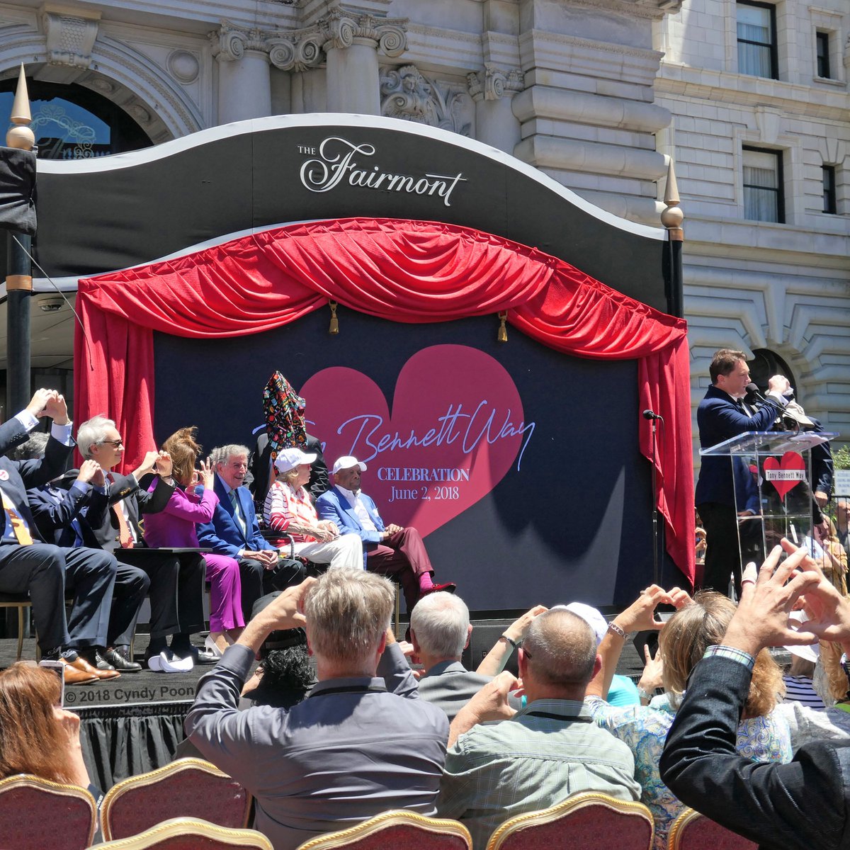 cyndypoon's tweet photo. A street in my City by the Bay has been officially named Tony Bennett Way! We climbed halfway to the stars, serenaded Tony with "I Left My ❤️ In San Francisco" &amp; made ❤️ hands (some looked like kidneys). The weather was gorgeous for this special ceremony. #TonyBennettWay https://t.co/hoRljU5QzO
