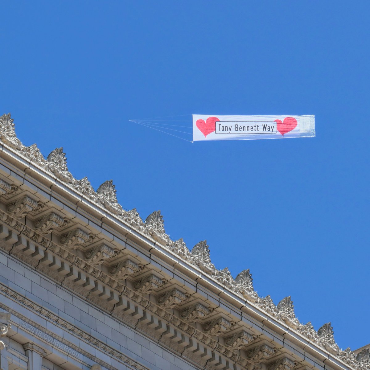 cyndypoon's tweet photo. A street in my City by the Bay has been officially named Tony Bennett Way! We climbed halfway to the stars, serenaded Tony with "I Left My ❤️ In San Francisco" &amp; made ❤️ hands (some looked like kidneys). The weather was gorgeous for this special ceremony. #TonyBennettWay https://t.co/hoRljU5QzO