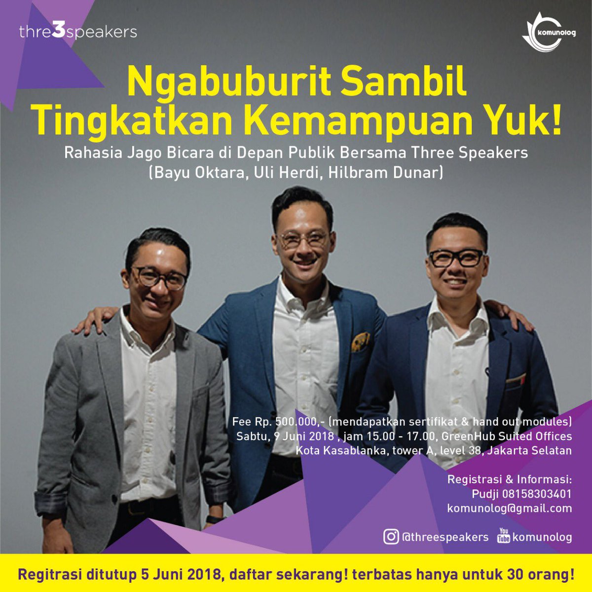 bayuoktara's tweet photo. Dengan berbagai permainan menyenangkan, kami @3SpeakersID ajak kamu utk menguasai kemampuan public speaking. Jadi nunggu apa lagi? Pendaftaran hubungi @PapiPudji di +628158303401 yah.. #threespeakers #indonesiajagobicara #entertraining https://t.co/TDHXsll5Zd