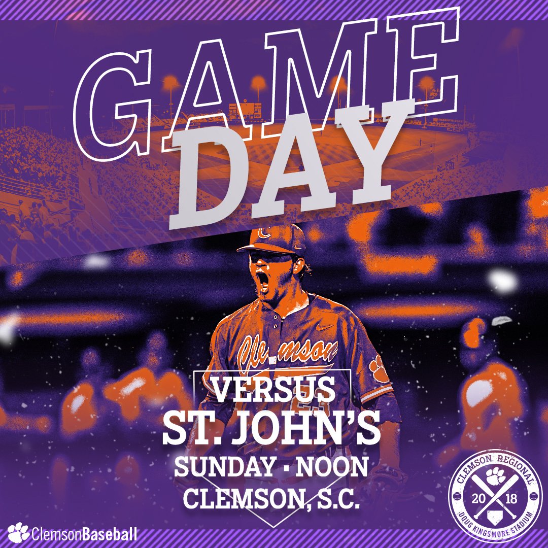 ClemsonBaseball's tweet photo. We get back at it today at noon against No. 20 St. John's in the #Clemson Regional. CU at DKS!

GAMEDAY - https://t.co/hGiraHsfqi https://t.co/ro5D5SX5VO