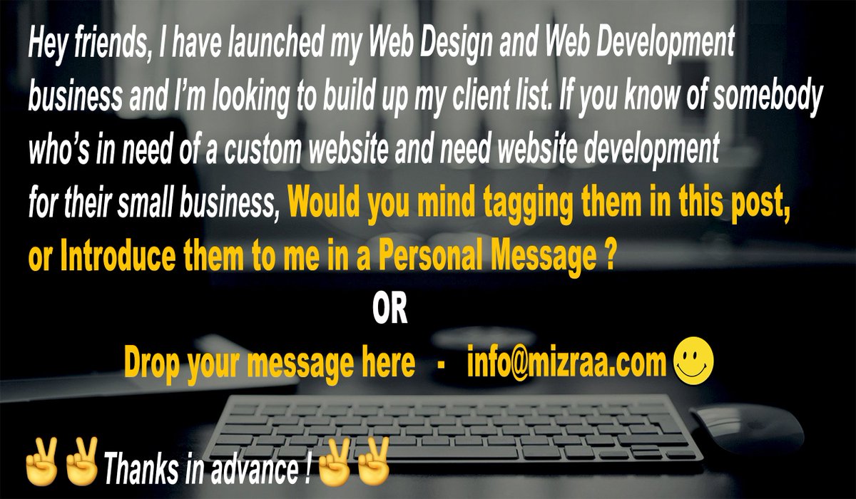 MizraaTech's tweet photo. Are you looking for web professional for your #business website or need a #webapplication , No worry feel free to contact me and Drop your message here  -  info@mizraa.com 
#webapplications #business #discount #smallbusiness #webdesign #webdevelopment #phpapplications  #wordpress https://t.co/mJtonfHaII