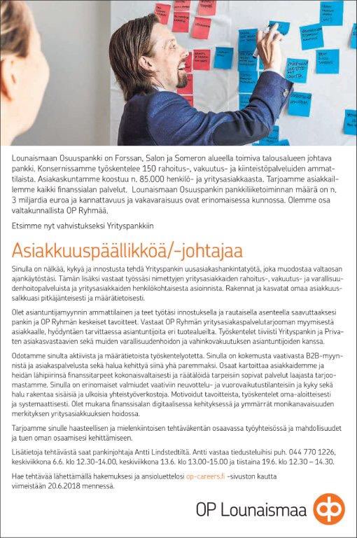 OPLounaismaa's tweet photo. Haemme asiakkuuspäällikköä/-johtajaa Yrityspankkiimme! Jos kiinnostuit, pyydä lisätietoja tai lähetä hakemuksesi ja ansioluettelosi 20.6. mennessä. https://t.co/rSHQNIjG0h