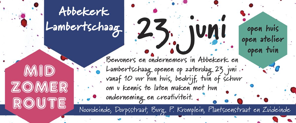 Midzomerroute zaterdag 23 juni in Abbekerk &amp; Lambertschaag
Bewoners en ondernemers openen op zaterdag 23 juni hun huis, bedrijf, tuin of schuur om je kennis te  laten te maken met hun onderneming en creativiteit.  Ook wij doen mee met de Midzomerroute.
facebook.com/midzomerroute.…