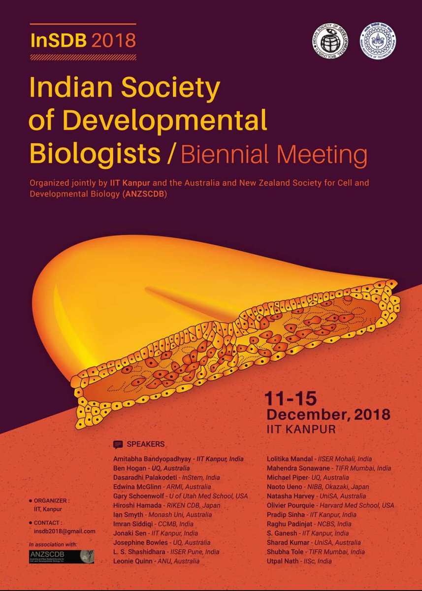Biennial meeting of the InSDB 11-15 Dec 2018 at IIT KANPUR <a href="/iitk/">IIT Kanpur</a>
Registration Starting Date: 03rd June 2018
Early Biologist Date: 31st Aug 2018
Abstract submission for Platform Presentation: 30th Sept 2018
Online Registration: 4th Dec 2018
Please visit
devbioindia.org/insdb2018/