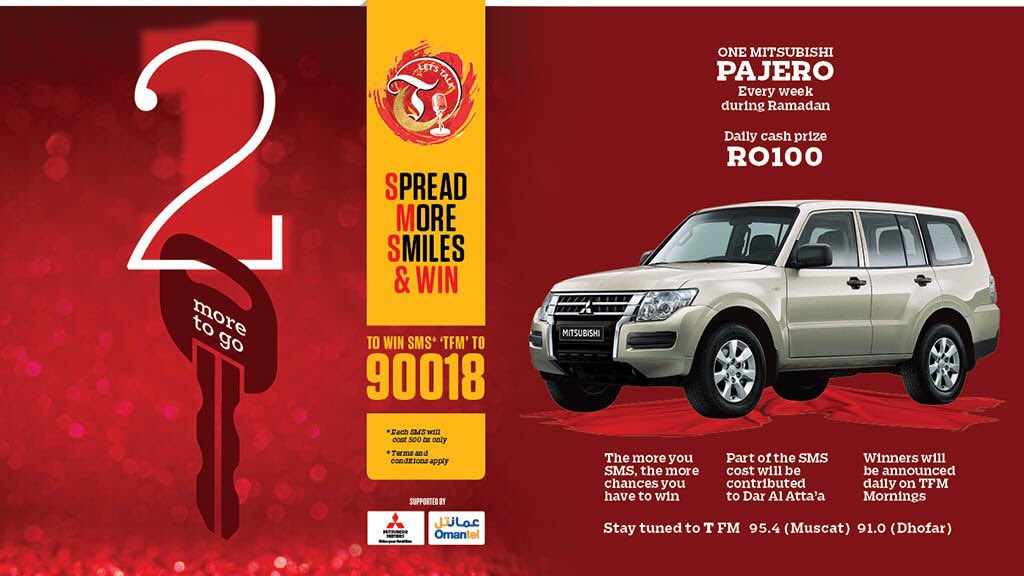 timesofoman's tweet photo. T FM 95.4 Update: 2 more @MitsubishiOman Pajero up for grabs!!
Daily cash prize of OMR100! #SpreadMoreSmiles
SMS ‘TFM’ to 90018 https://t.co/f3j1J9G30P